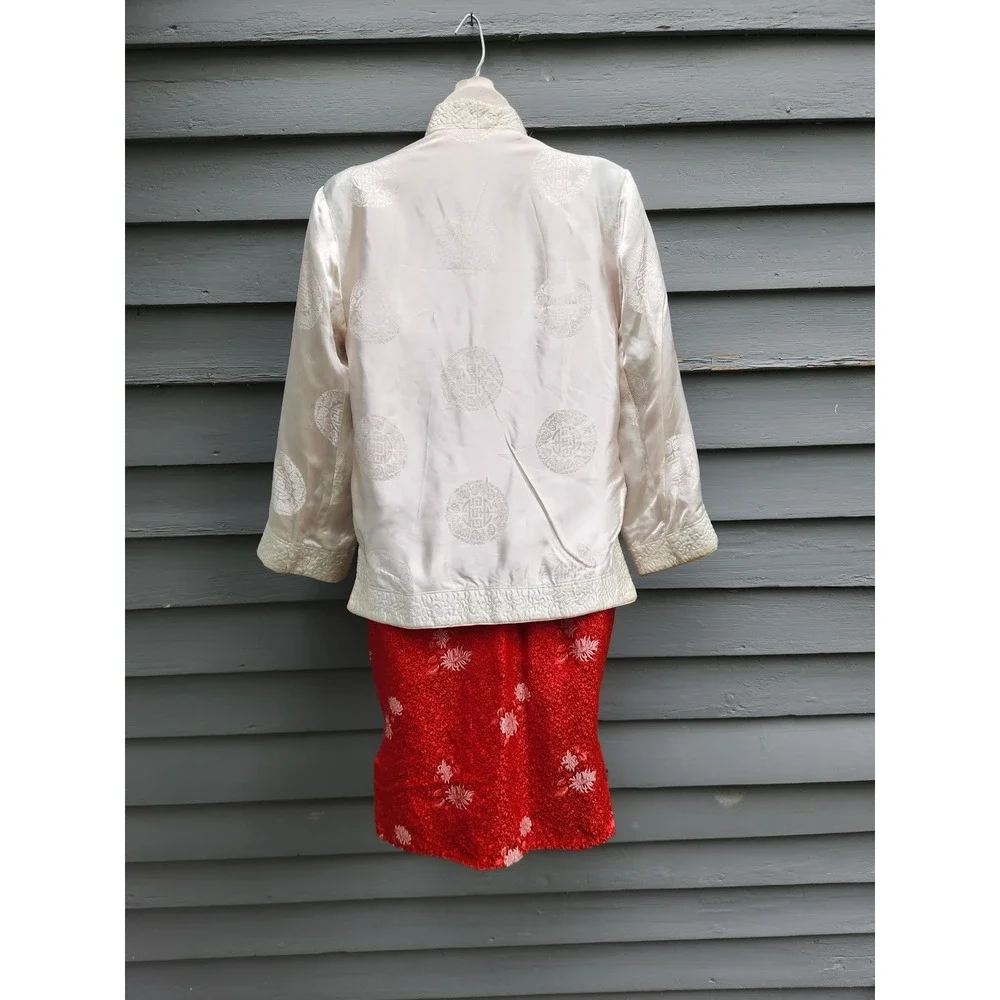 Vintage Silk Brocade Cheongsam Qipao Dress & Jacket Set Red White Small